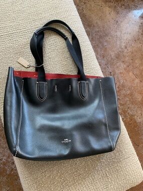 Coach Black Leather Tote with Red Accent Interior